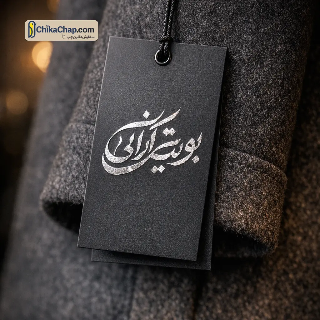 طراحی و چاپ تگ آویز لباس متالایز نقره کوب برای مزون ها و برندهای پوشاک
